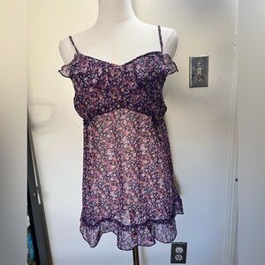 Express Purple Multicolor Purple and Pink Floral Ruffle Smocked Top Size M